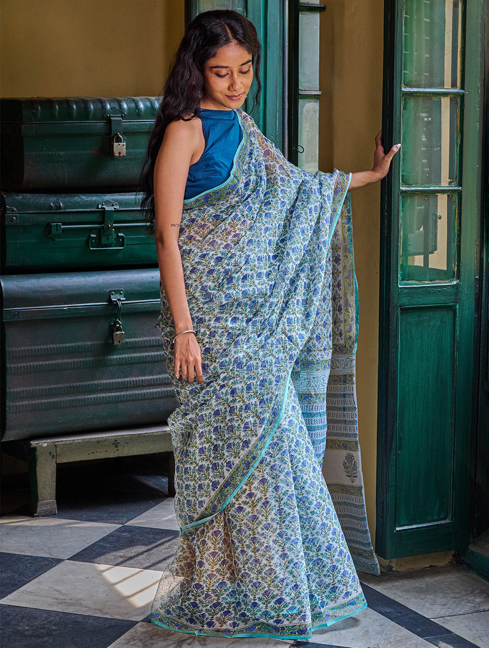 Sanganer Summers. Hand Block Printed Kota Doria Saree - Neel Bagh