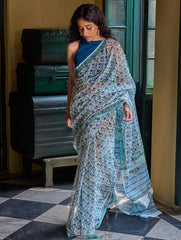 Sanganer Summers. Hand Block Printed Kota Doria Saree - Neel Bagh
