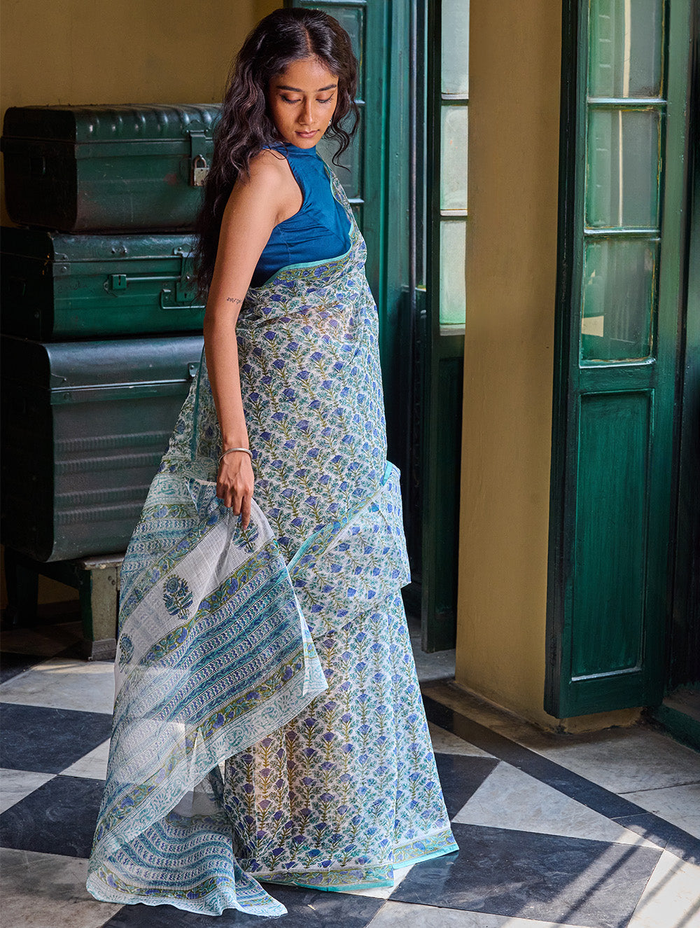 Sanganer Summers. Hand Block Printed Kota Doria Saree - Neel Bagh