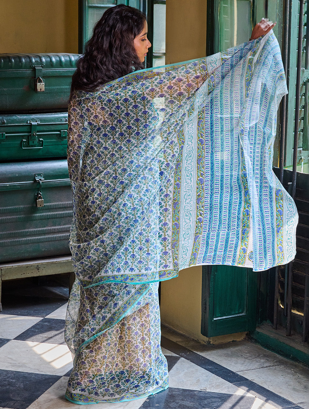 Sanganer Summers. Hand Block Printed Kota Doria Saree - Neel Bagh