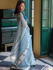 Sanganer Summers. Hand Block Printed Kota Doria Saree - Neel Bagh