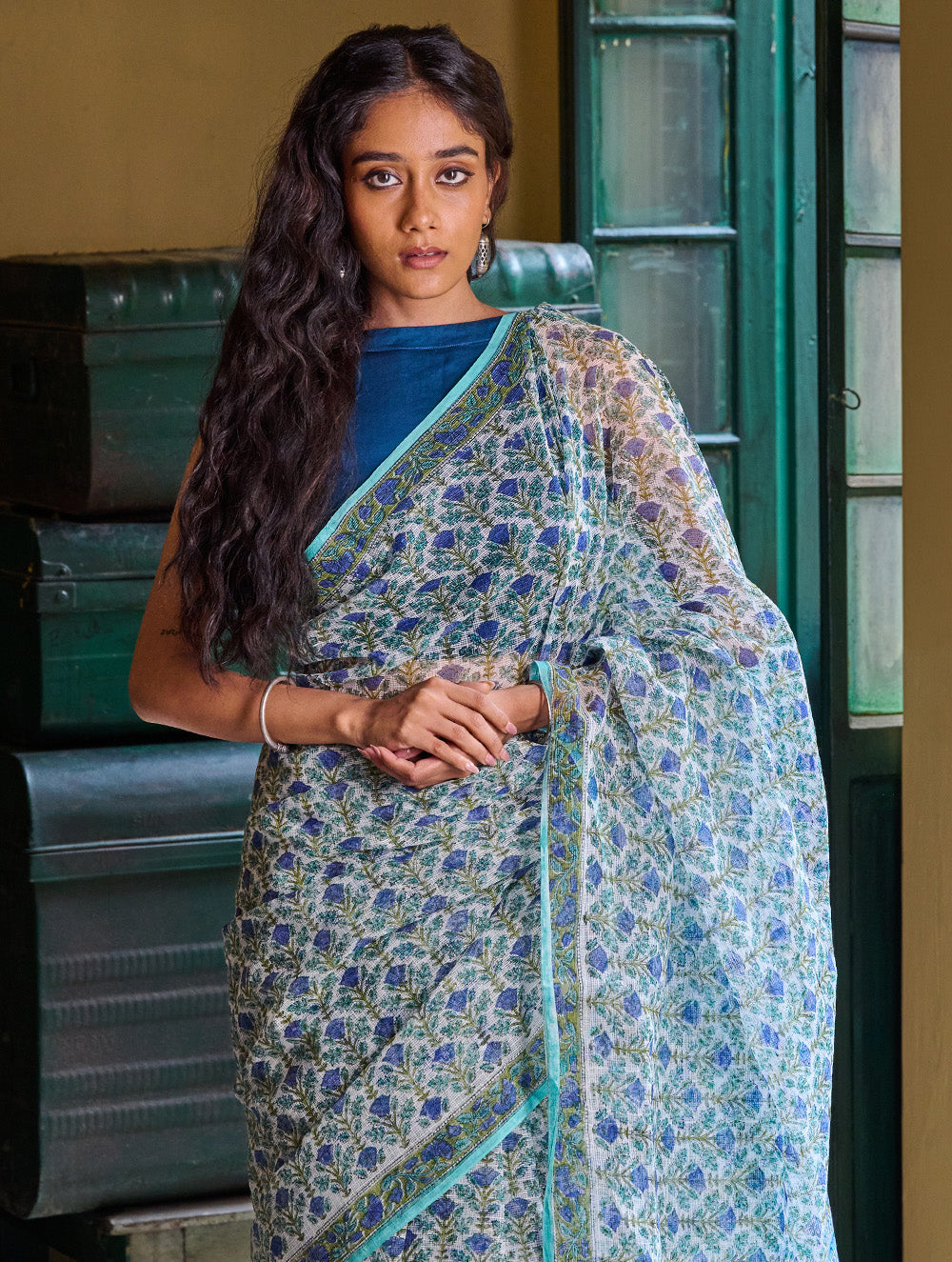 Sanganer Summers. Hand Block Printed Kota Doria Saree - Neel Bagh