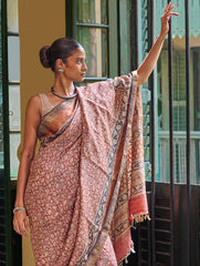 Exclusive Bagru Statements: Hand Block Printed Tussore Silk Saree - Gulbadan