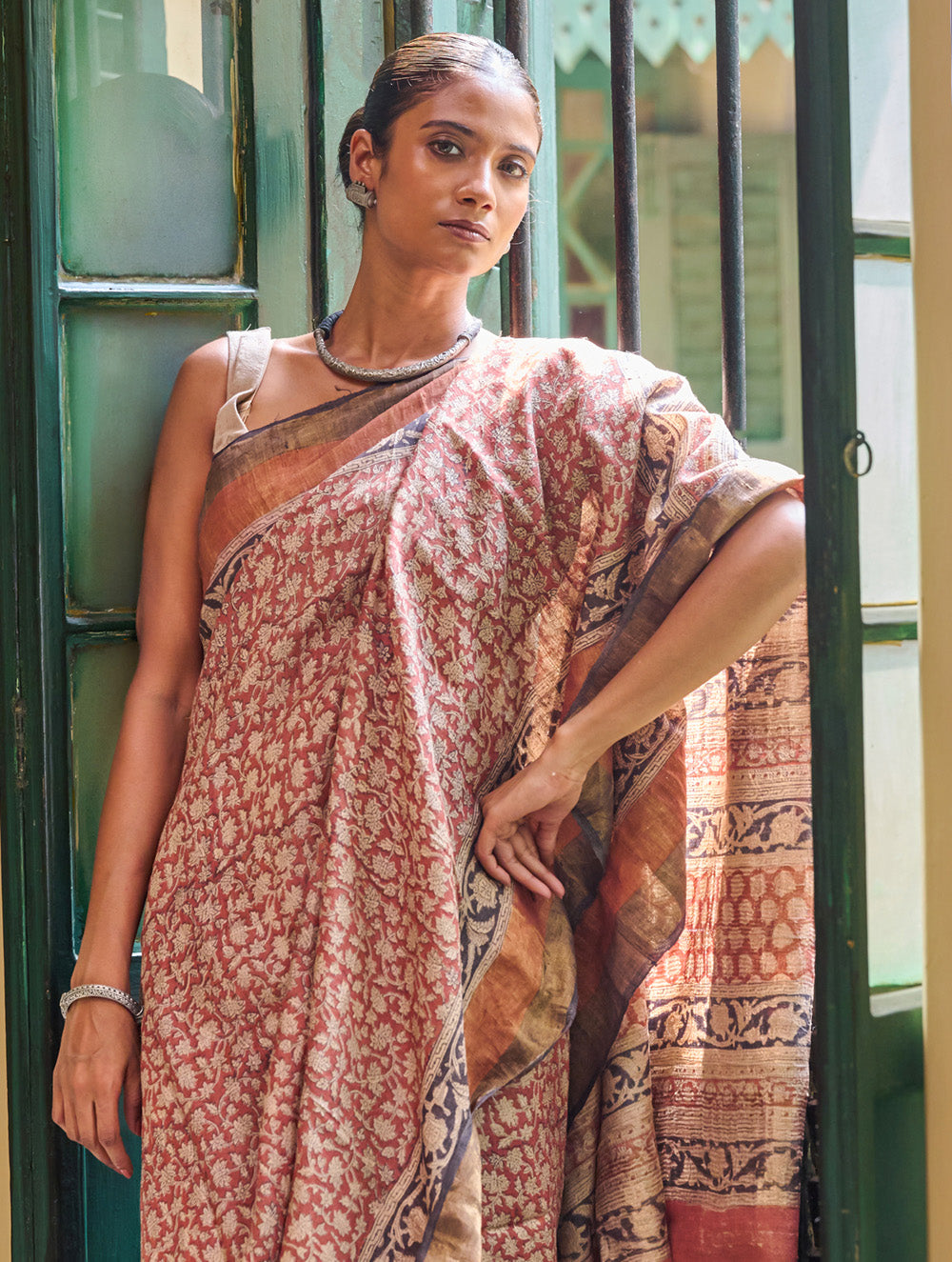 Exclusive Bagru Statements: Hand Block Printed Tussore Silk Saree - Gulbadan