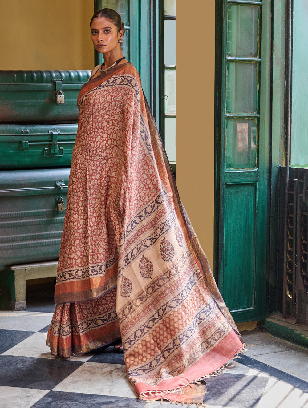 Exclusive Bagru Statements: Hand Block Printed Tussore Silk Saree - Gulbadan