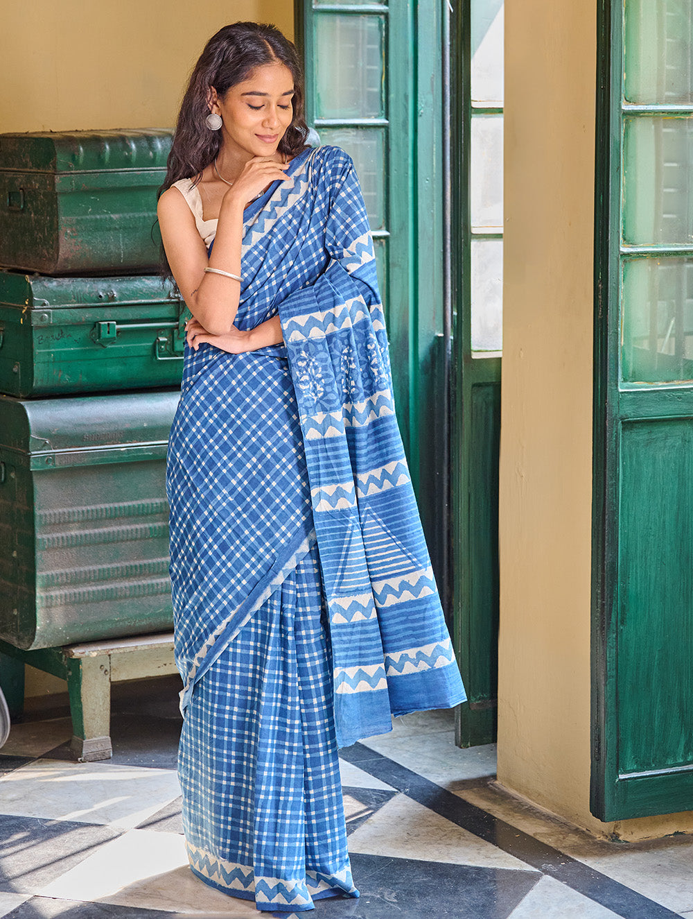 Dabu Vibes. Hand Block Printed Mul Cotton Saree - Indigo Checks