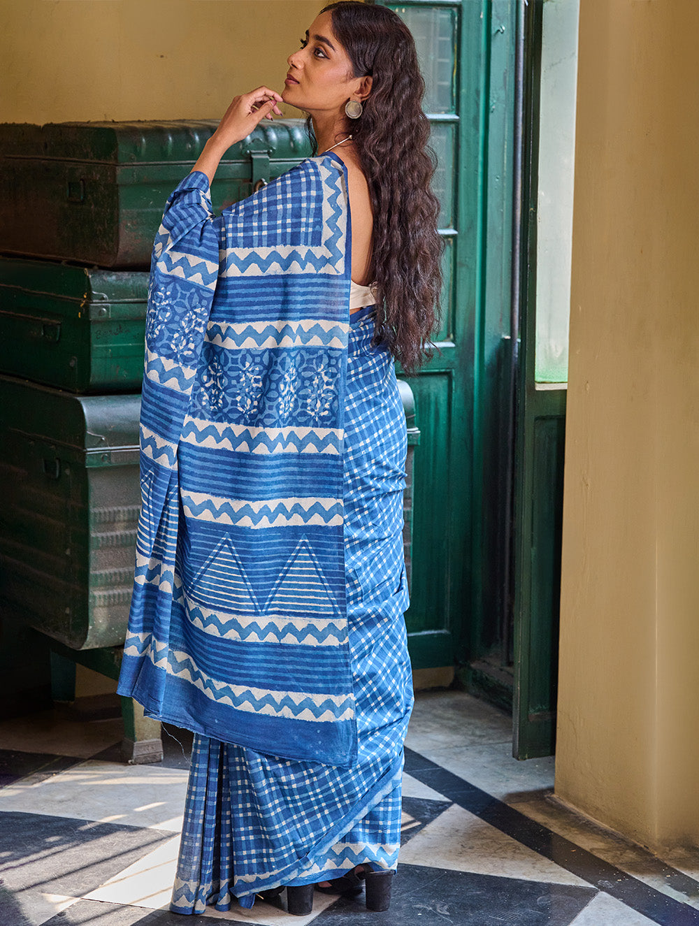 Dabu Vibes. Hand Block Printed Mul Cotton Saree - Indigo Checks