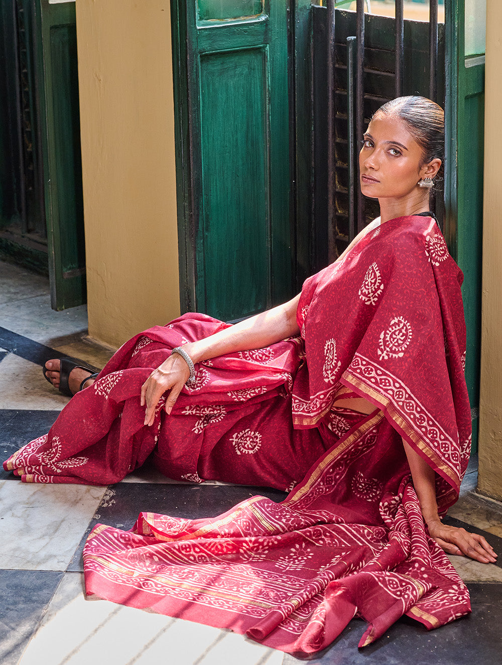 Bagru Statements: Hand Block Printed Chanderi Saree - Red Kairi