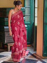 Bagru Statements: Hand Block Printed Chanderi Saree - Red Kairi