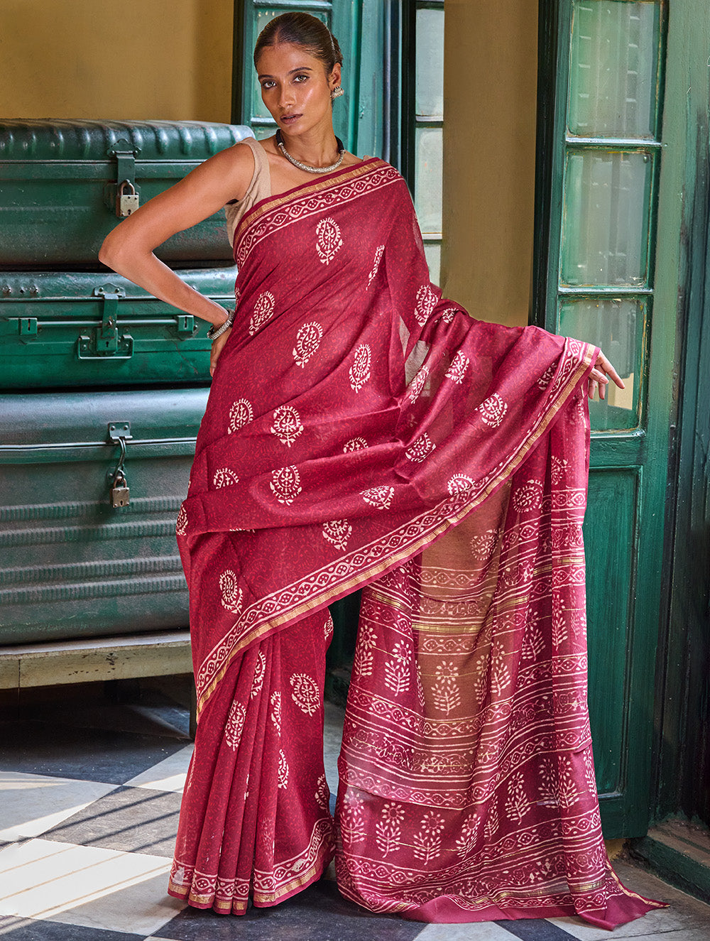 Bagru Statements: Hand Block Printed Chanderi Saree - Red Kairi
