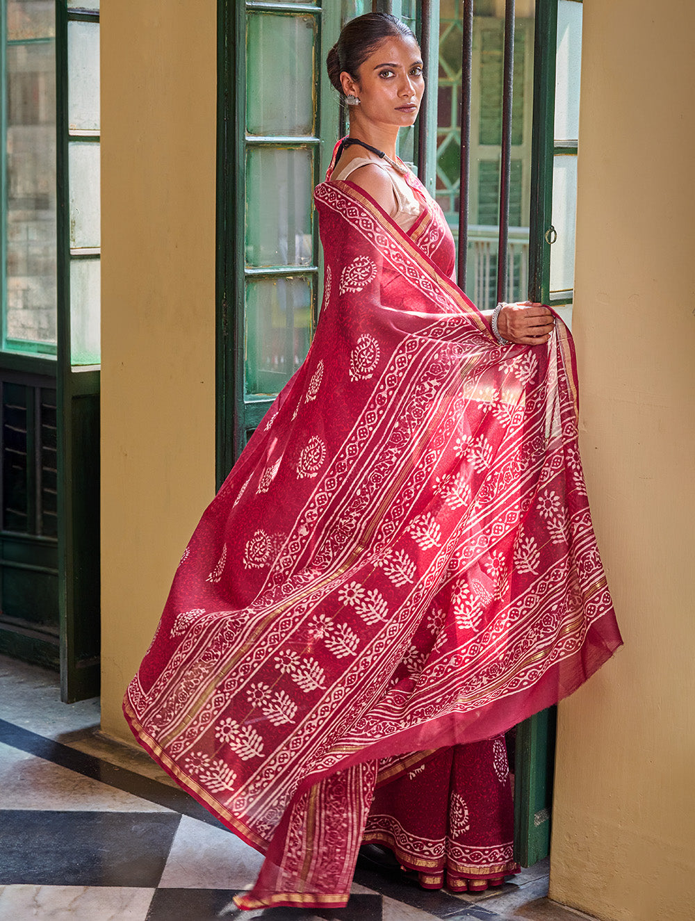 Bagru Statements: Hand Block Printed Chanderi Saree - Red Kairi
