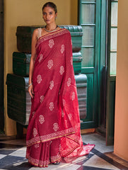 Bagru Statements: Hand Block Printed Chanderi Saree - Red Kairi