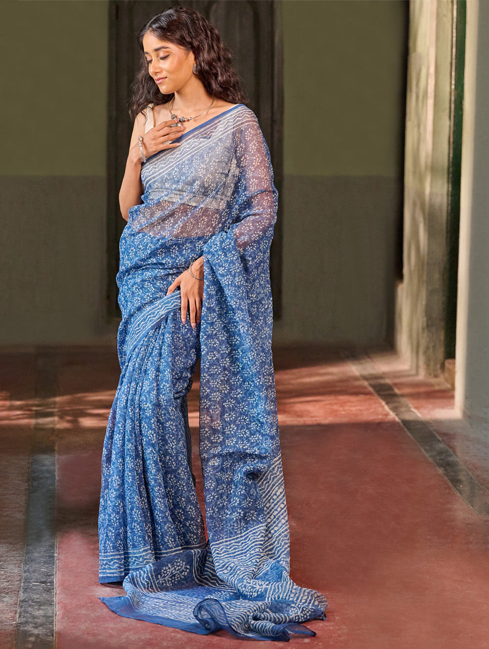 Dabu Vibes. Hand Block Printed Kota Doria Saree - Indigo Petals