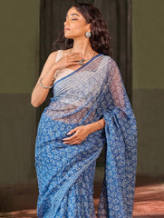 Dabu Vibes. Hand Block Printed Kota Doria Saree - Indigo Petals