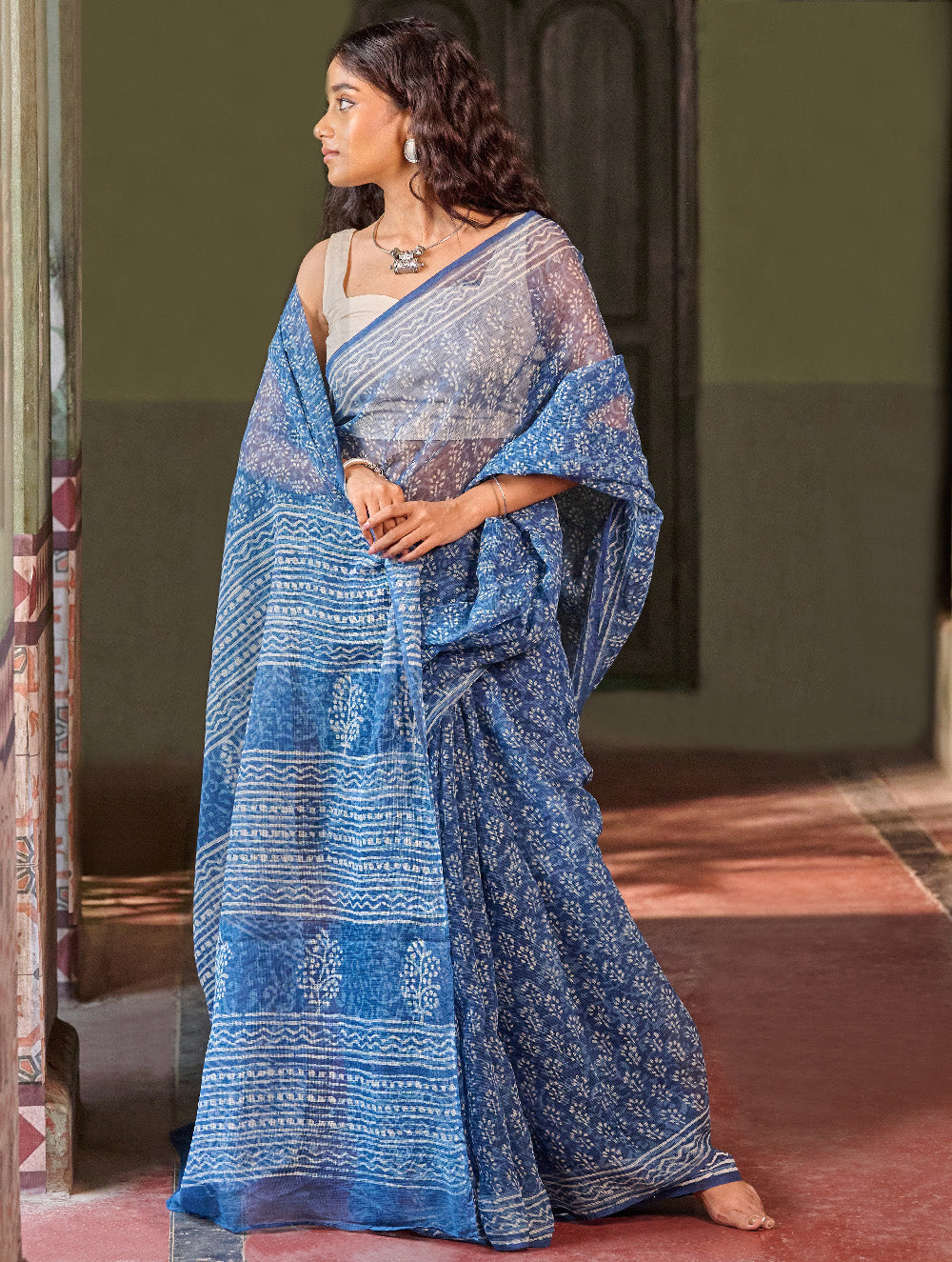 Dabu Vibes. Hand Block Printed Kota Doria Saree - Indigo Petals