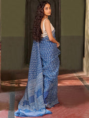 Dabu Vibes. Hand Block Printed Kota Doria Saree - Indigo Petals