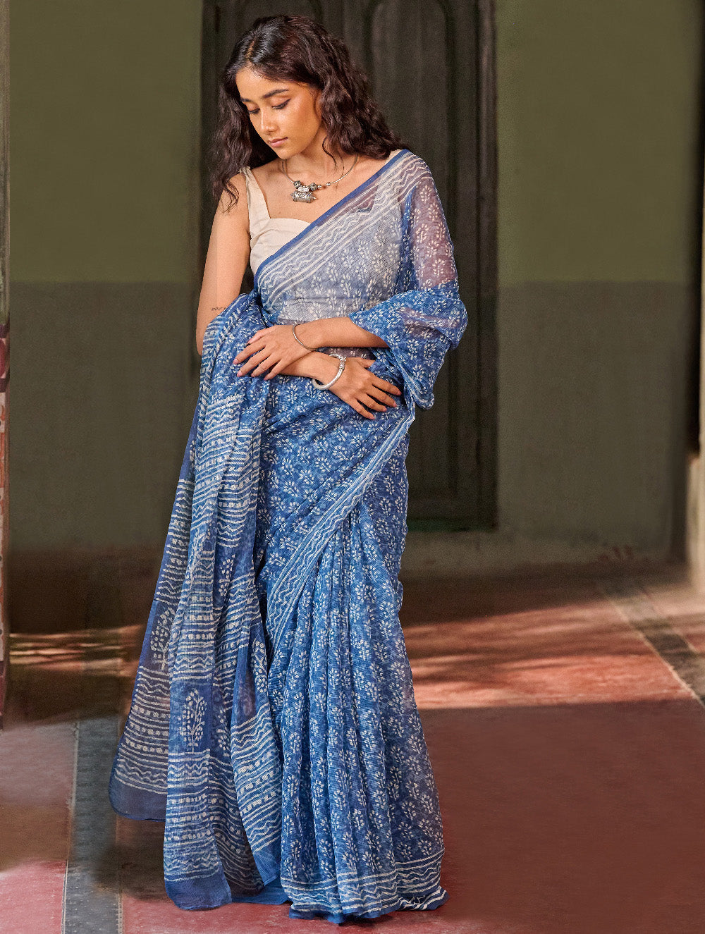 Dabu Vibes. Hand Block Printed Kota Doria Saree - Indigo Petals