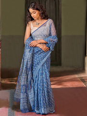Dabu Vibes. Hand Block Printed Kota Doria Saree - Indigo Petals