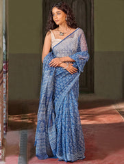 Dabu Vibes. Hand Block Printed Kota Doria Saree - Indigo Petals