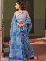 Dabu Vibes. Hand Block Printed Kota Doria Saree - Indigo Petals
