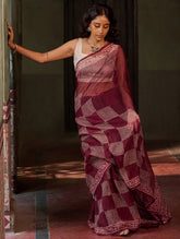 Dabu Vibes. Hand Block Printed Kota Doria Saree - Wine Checks