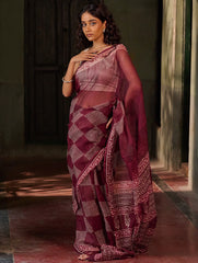 Dabu Vibes. Hand Block Printed Kota Doria Saree - Wine Checks