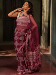 Dabu Vibes. Hand Block Printed Kota Doria Saree - Wine Checks