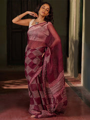Dabu Vibes. Hand Block Printed Kota Doria Saree - Wine Checks