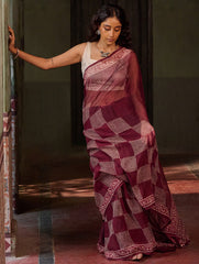 Dabu Vibes. Hand Block Printed Kota Doria Saree - Wine Checks