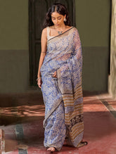 Sanganer Summers. Hand Block Printed Kota Doria Saree - Aabheri