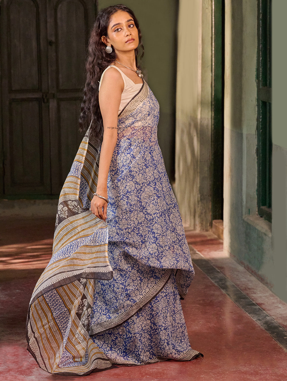 Sanganer Summers. Hand Block Printed Kota Doria Saree - Aabheri