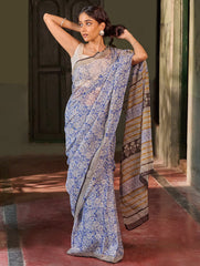 Sanganer Summers. Hand Block Printed Kota Doria Saree - Aabheri