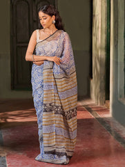 Sanganer Summers. Hand Block Printed Kota Doria Saree - Aabheri