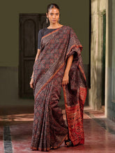 Ajrakh Elegance.Exclusive Hand Block Printed Chanderi Saree - Laal Phool