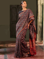 Ajrakh Elegance.Exclusive Hand Block Printed Chanderi Saree - Laal Phool