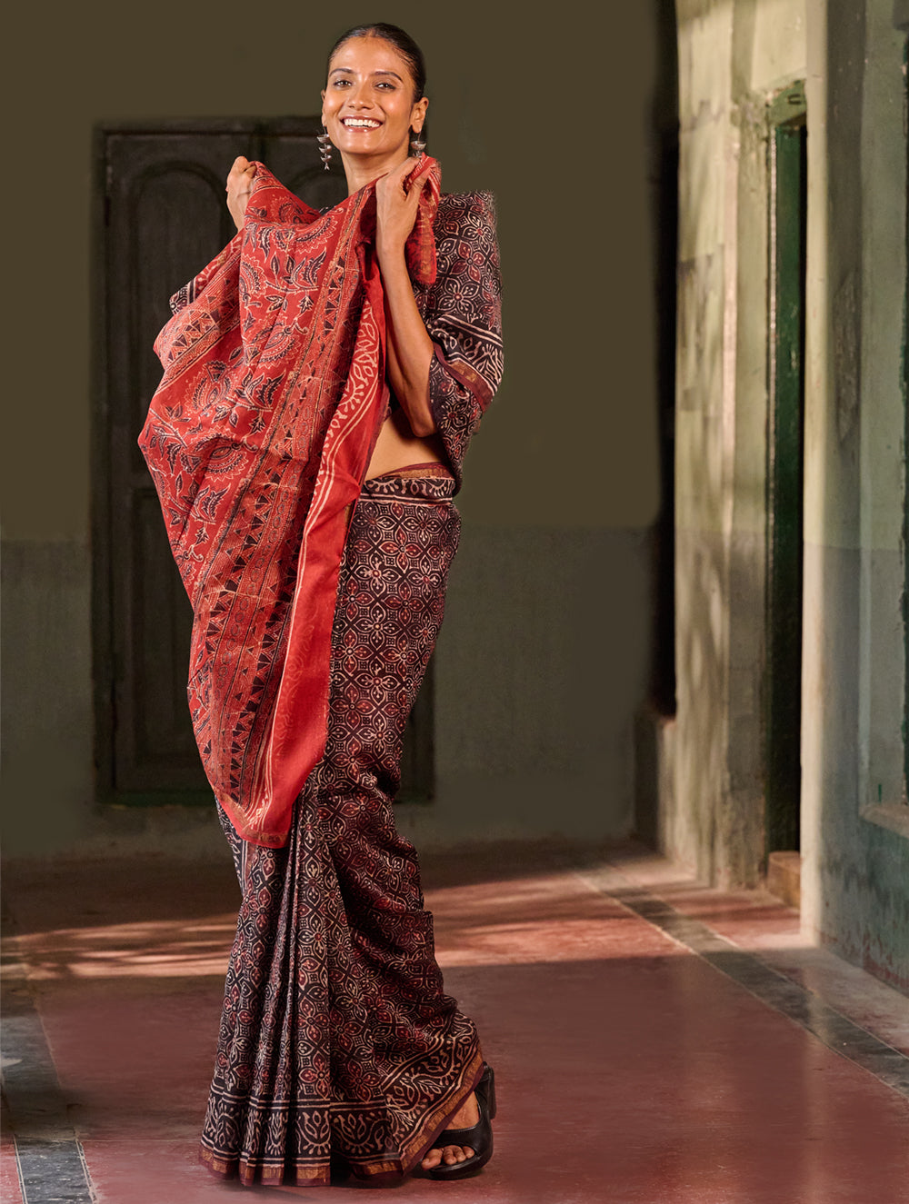 Ajrakh Elegance.Exclusive Hand Block Printed Chanderi Saree - Laal Phool