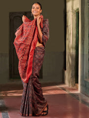 Ajrakh Elegance.Exclusive Hand Block Printed Chanderi Saree - Laal Phool