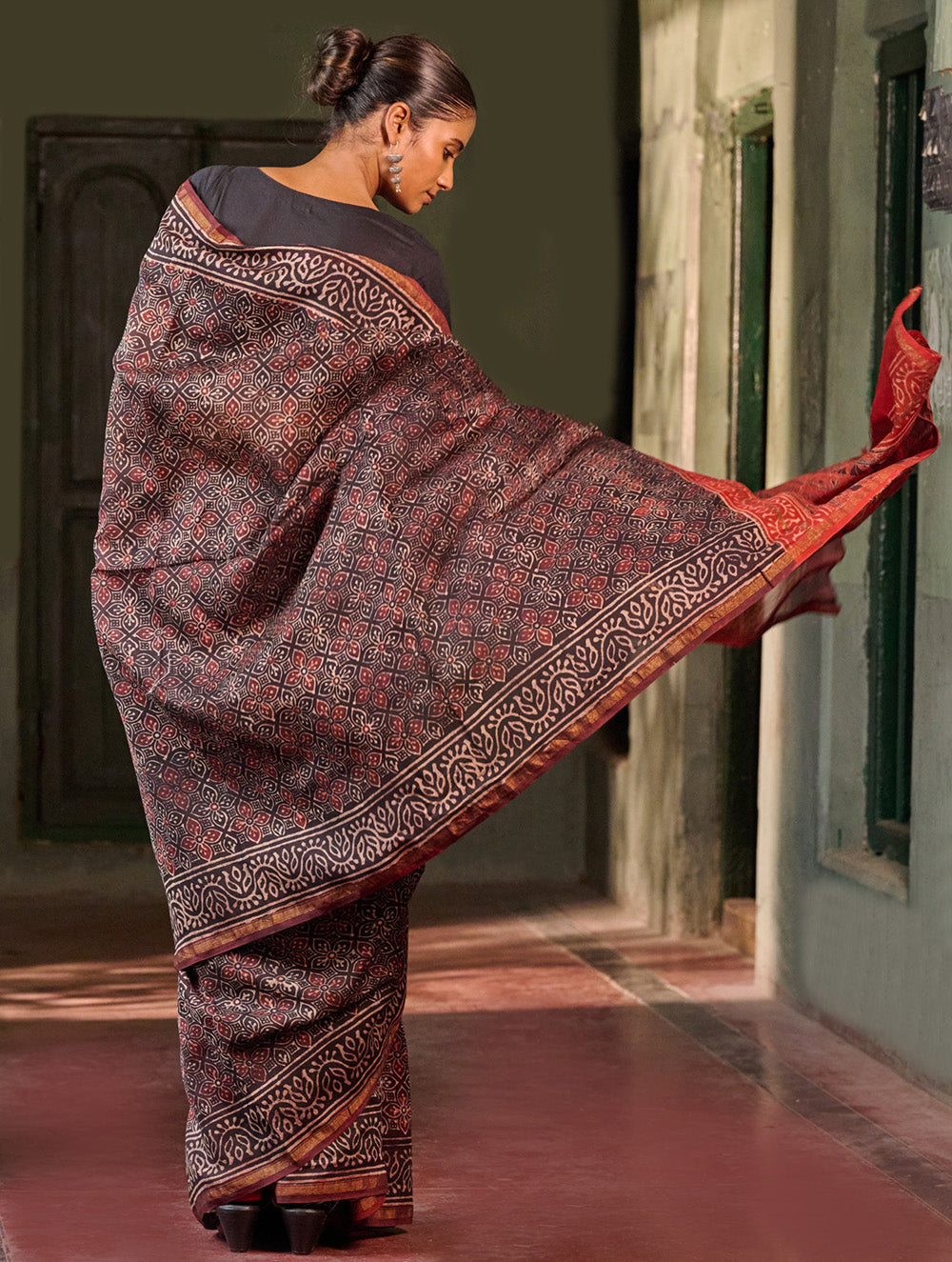Ajrakh Elegance.Exclusive Hand Block Printed Chanderi Saree - Laal Phool