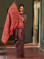 Ajrakh Elegance.Exclusive Hand Block Printed Chanderi Saree - Laal Phool
