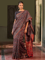 Ajrakh Elegance.Exclusive Hand Block Printed Chanderi Saree - Laal Phool