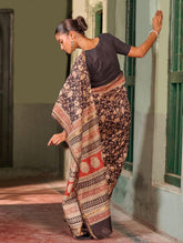 Bagru Statements: Hand Block Printed Chanderi Saree - Beige Bagh