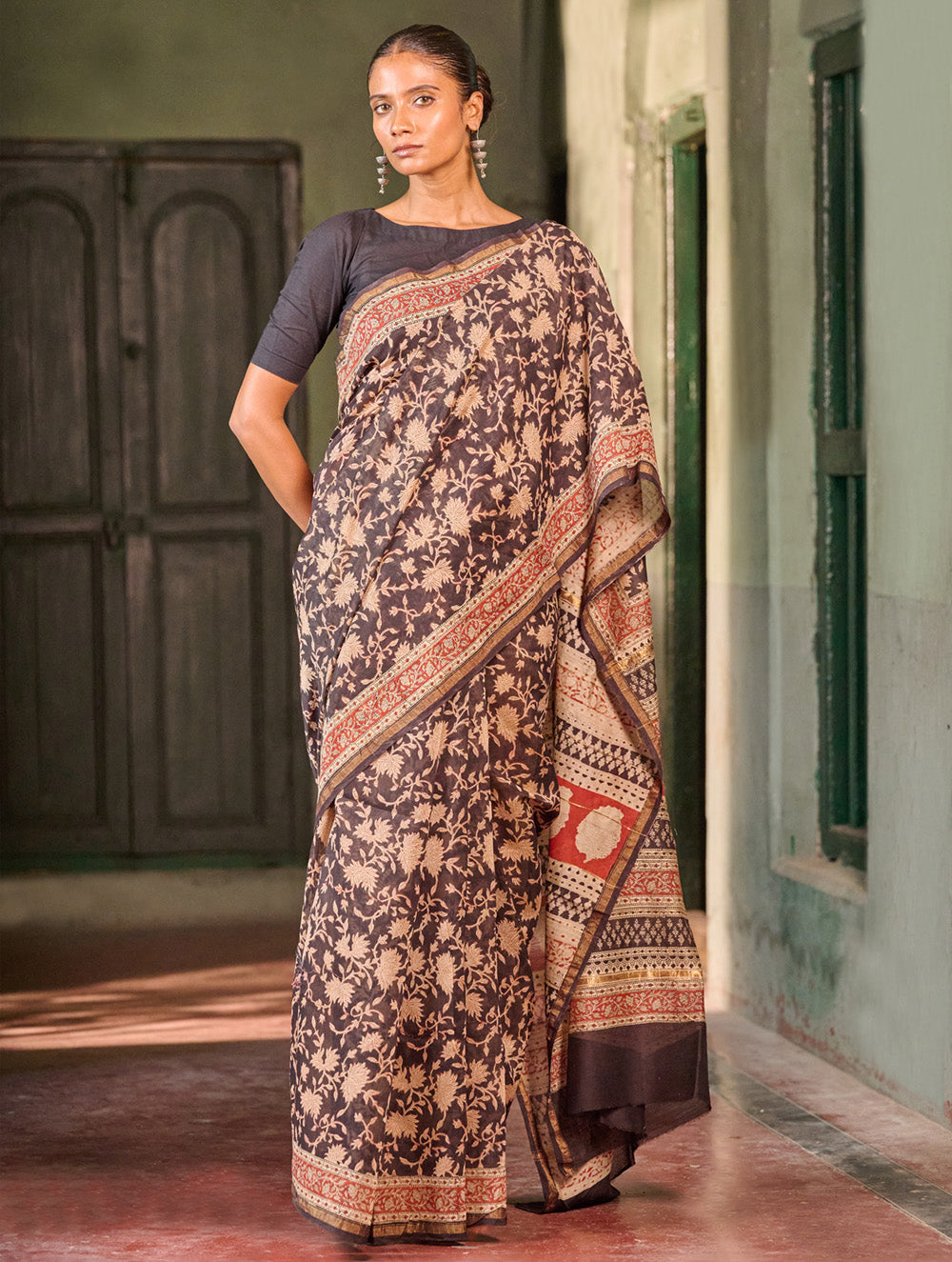 Bagru Statements: Hand Block Printed Chanderi Saree - Beige Bagh
