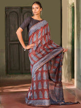 Ajrakh Elegance.Exclusive Hand Block Printed Chanderi Saree - Neel Kairav