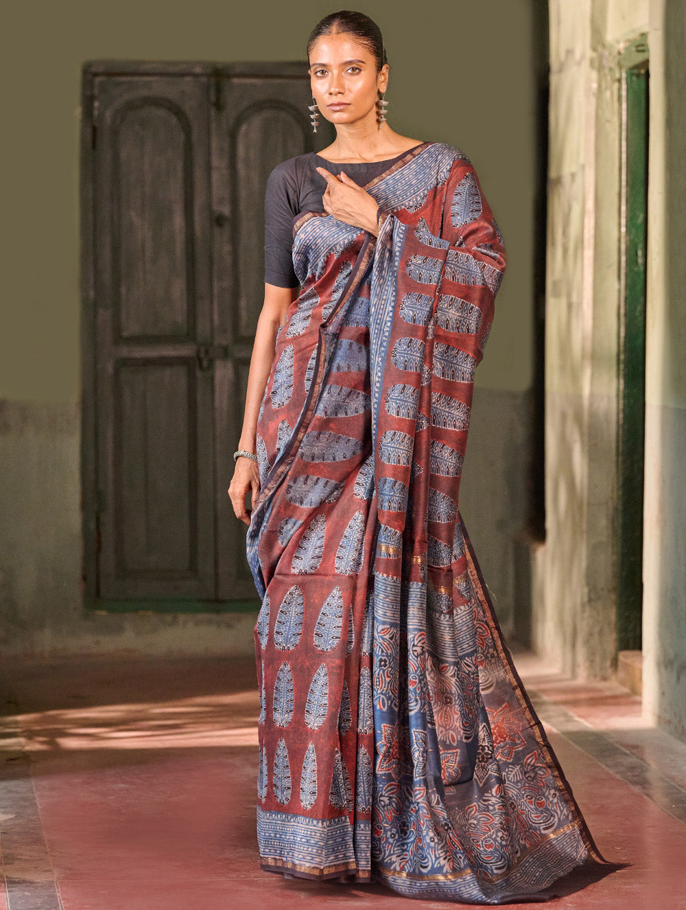 Ajrakh Elegance.Exclusive Hand Block Printed Chanderi Saree - Neel Kairav