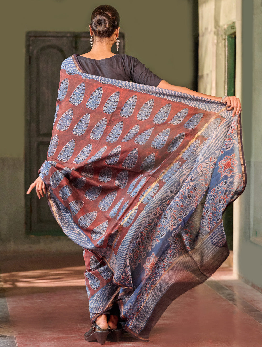 Ajrakh Elegance.Exclusive Hand Block Printed Chanderi Saree - Neel Kairav