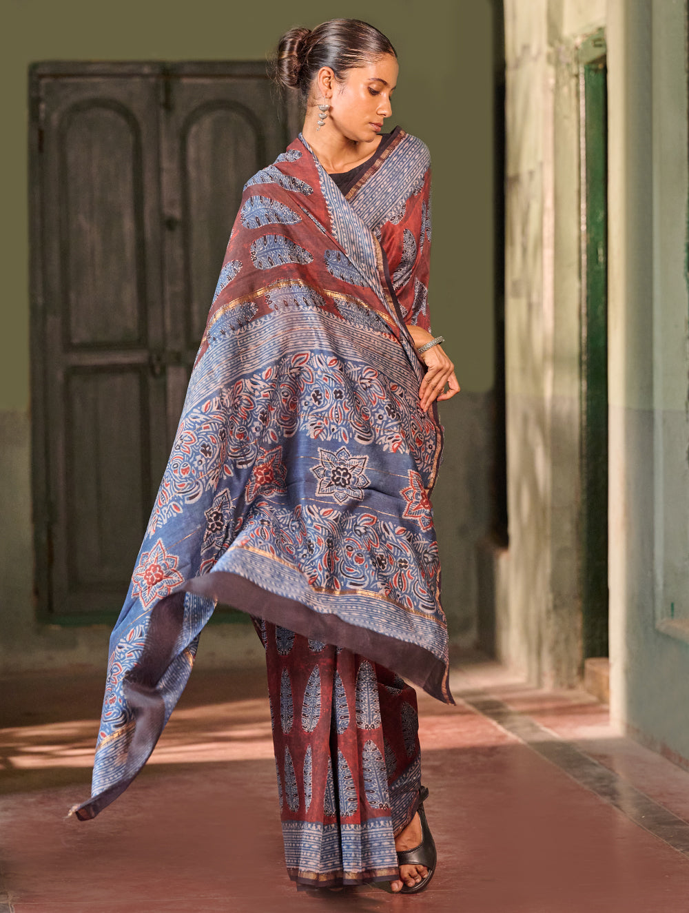 Ajrakh Elegance.Exclusive Hand Block Printed Chanderi Saree - Neel Kairav
