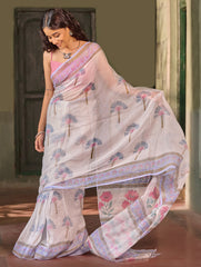 Sanganer Summers. Hand Block Printed Kota Doria Saree - Dandelions
