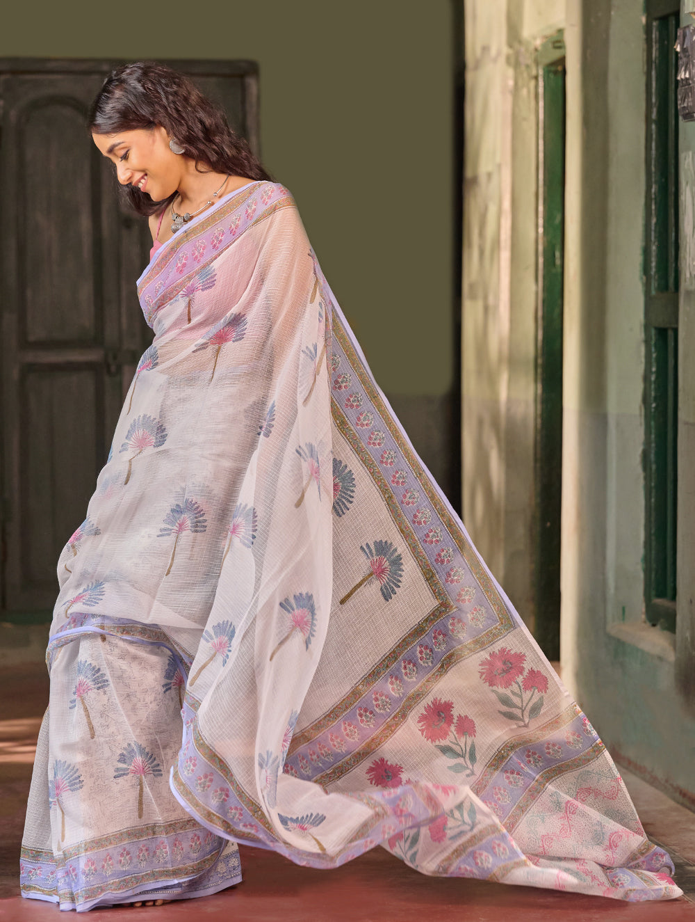 Sanganer Summers. Hand Block Printed Kota Doria Saree - Dandelions