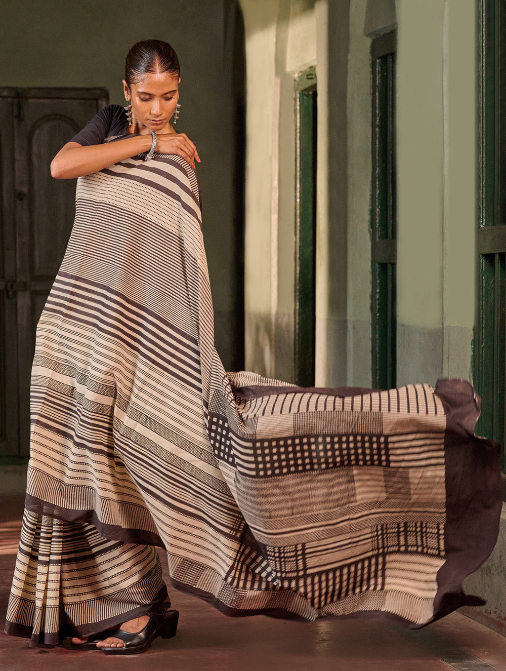 Bagru Statements: Hand Block Printed Mul Cotton Saree - Striped Elegance