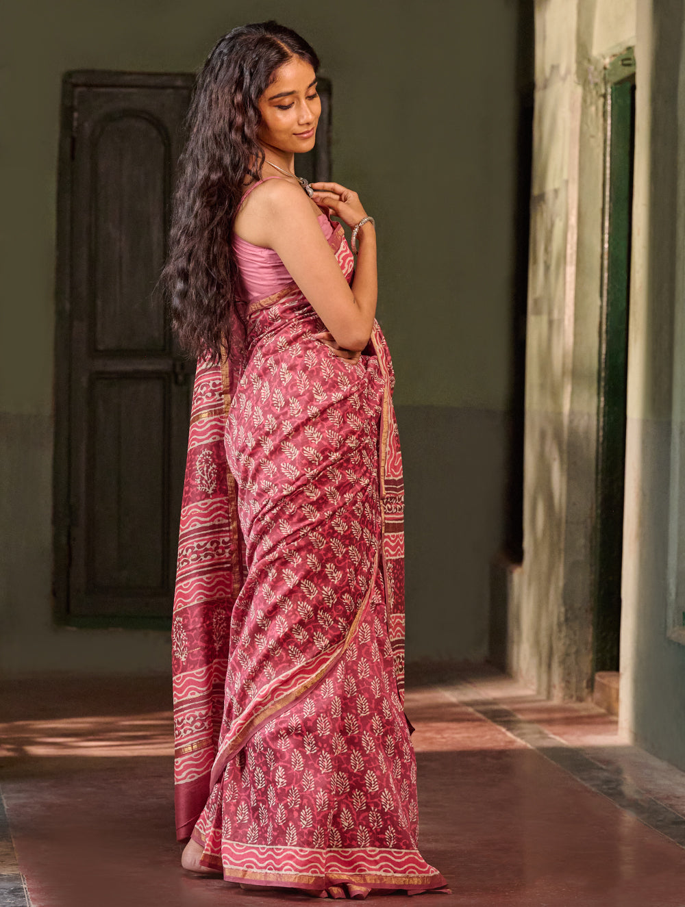 Dabu Vibes. Hand Block Printed Chanderi Saree - Gulabari